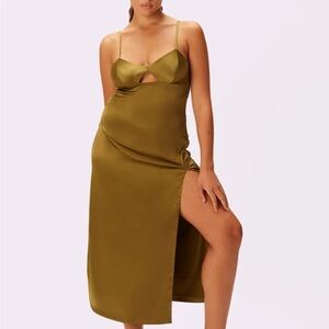Olive Green Satin Cutout Dress